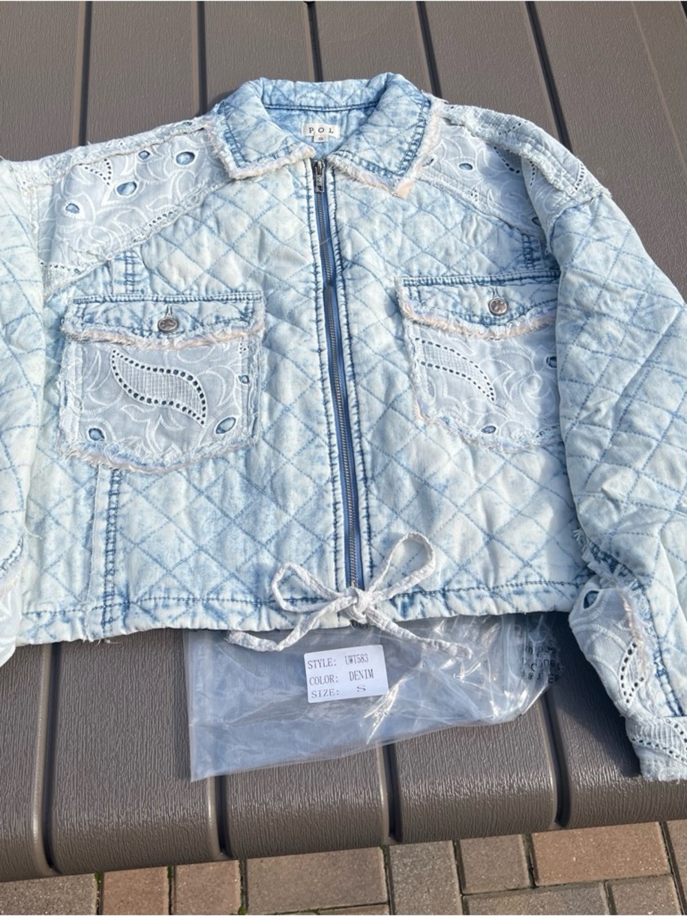 POL Light Blue Quilted Denim Jacket with Eyelet Embroidery